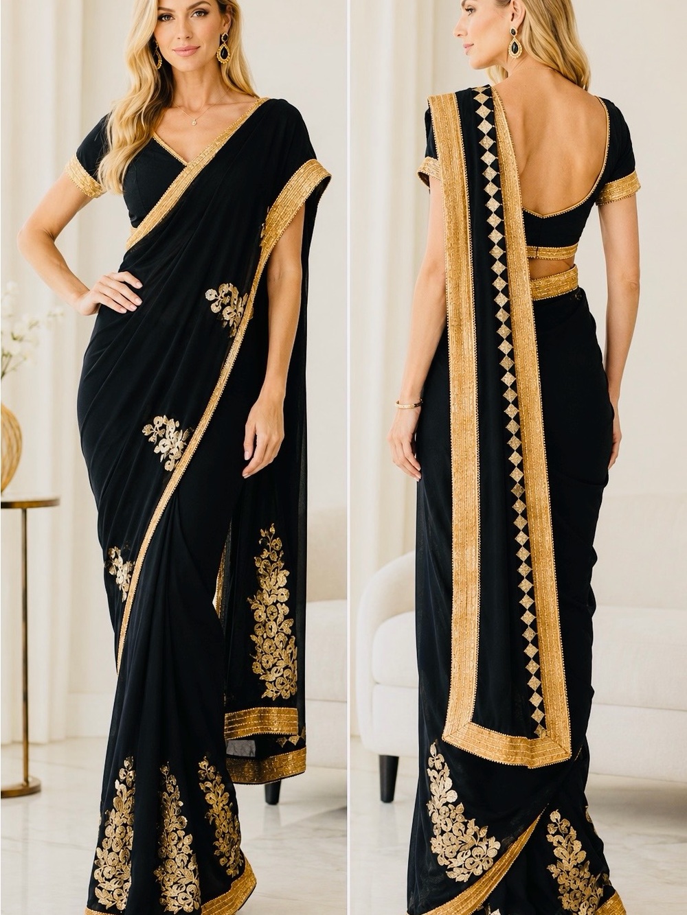 Elegant Black & Gold Embellished Women’s Saree S M L One Size